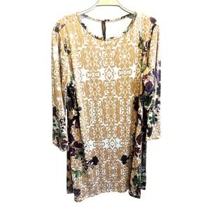 Jean-Pierre‎ Klifa Size 1X Gold Multi Daphne Printed Dress 3/4 Sleeves